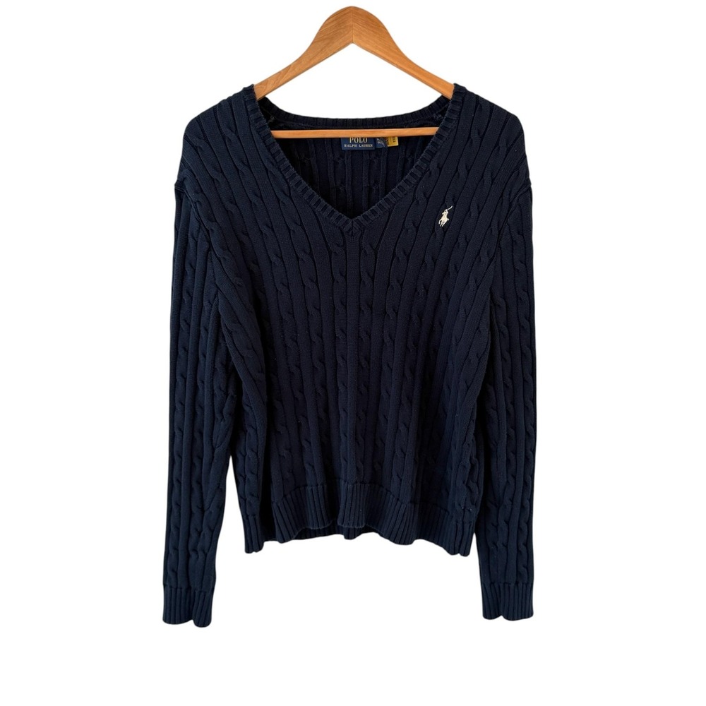 Polo Ralph Lauren Cable Knit Sweater Mens 2XL (Fits M) Navy V Neck Preppy